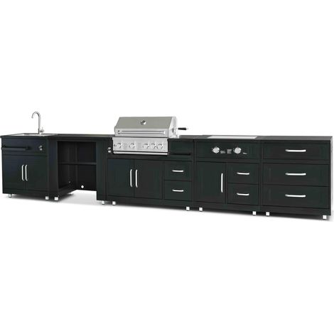 Oviala – Cuisine d'extérieur barbecue gaz 4 brûleurs – Acier inoxydable – Évier intégré – Dimensions 455 x 66 x 96 cm – 5 modules complets