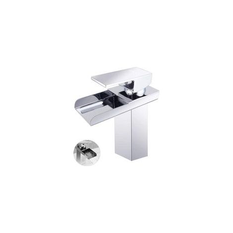 Grifo de lavabo de baño, mezclador tipo cascada de diseño moderno, con agua fría y caliente, de latón cromado (sin manguera).