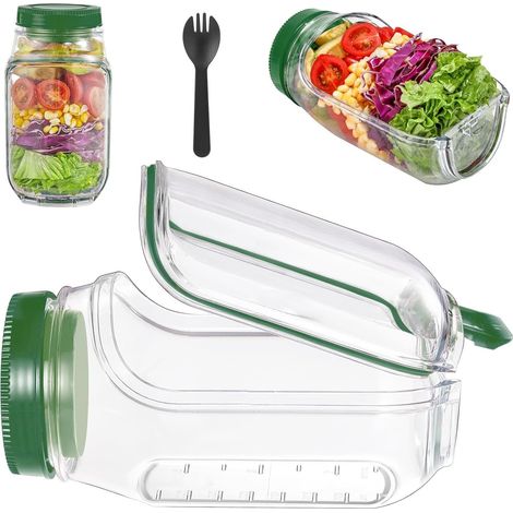 1 - Pot à salade - Récipient alimentaire - Ouverture latérale avec cuillère intégrée - Étanche pour dressing - Micro-ondes et lave-vaisselle - Pour déjeuner et extérieur - Vert - 2,5 oz (1/5)