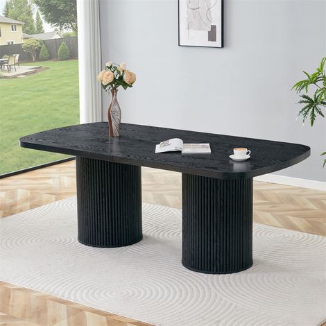 Table à Manger Ovale Moderne - 180x90x76cm - Design Wabi-Sabi avec Pieds Colonnes Cannelés et Finition Aspect Bois - Noir (1/5)