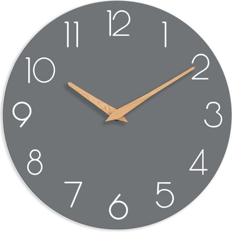 25 cm große Wanduhr aus Holz, geräuschlos und ohne Ticken, geeignet für Schlafzimmer, Wohnzimmer, Büro, Hotel (grau) (1/4)