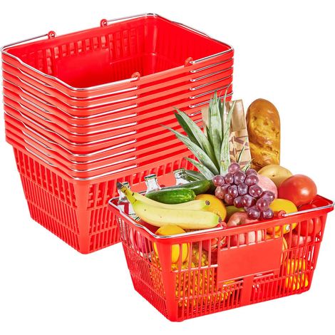 Panier de Courses Empilable, 12 Pièces, 21L, Plastique PE avec Poignées Métalliques, Structure Maillée Dense, Charge Max 9,07kg, Usage Supermarché, Magasin, Maison, Rouge (1/5)