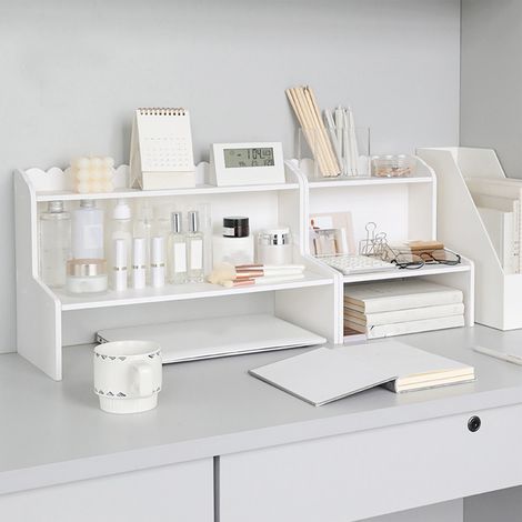 Schreibtischregal aus Holz Mehrstufiger Schreibtisch-Organizer Mini-Regal für Kosmetik und Bücher Holz-Kunststoff-Verbundmaterial Modernes Design und maximaler Stauraum (1/5)