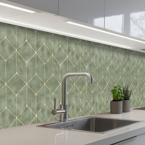 REVETEMENT MURAL DE CUISINE, CRÉDENCE DE CUISINE Subtil - Géométrique - Or - Vert 450x60 cm