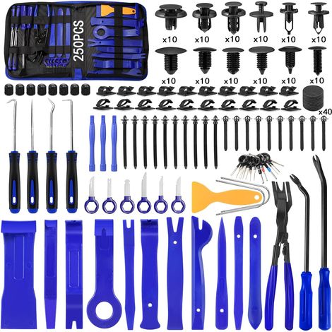 250 PCS Outils de démontage de voiture, Démontage de Garnitures pour Panneau Suppression Installation Garniture Intérieure Outils avec Rivet Clips Plastique pour Radio De Bord De Voiture (Bleu) (1/5)