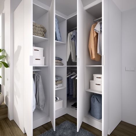Armario Grande Woodbury, Guardarropa Dormitorio 8 Estantes, Barra, Cajones, 131x184h cm Blanco (1/5)