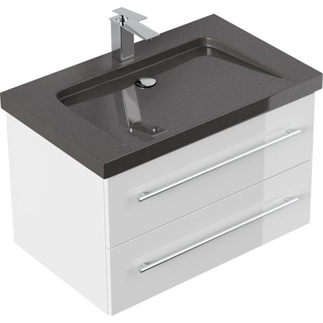 Badmöbel Granit India Black Damo 75 cm 1 Hahnloch SoftClose weiß hochglanz