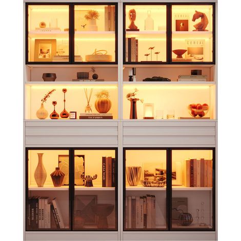 Vitrine 80 x 35 x 200 cm 8 portes vitrées meuble de rangement structure en mdf 2 tiroirs éclairage led coloris blanc format haut (1/4)