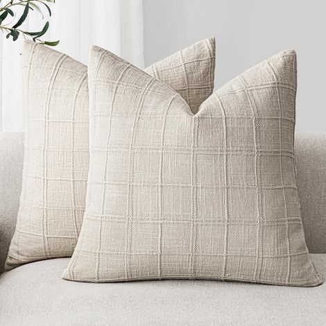 Lot de 2 Housses de Coussin à Carreaux Beige 50x50cm, Style Ferme Boho Rétro pour Canapé et Chambre (Sans coussin) (1/5)