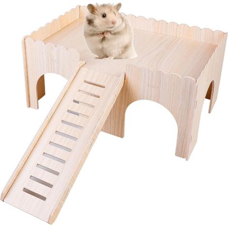 maison pour cochon d'Inde avec rampe 4 entrées, accessoire en bois pour rongeurs, hamster, lapin, 38 x 25 x 18 cm