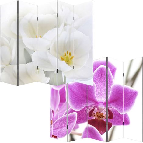 Paravento divisore doppia immagine separè decorativo 5 pannelli M68 180x200cm orchidee