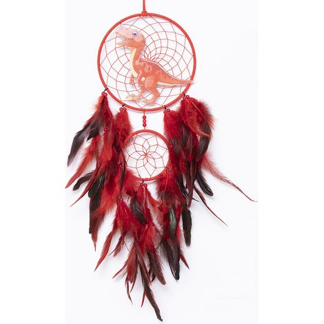 Attrape-rêves en plumes de dinosaure rouge - Décoration à double anneau pour chambres (1/5)