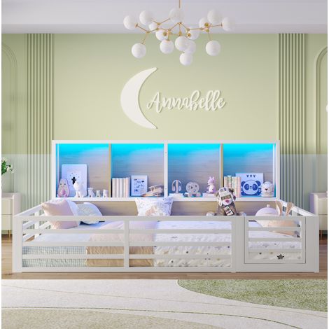 Cama infantil 140x200 cm blanca de metal y MDF con barandilla, estantes y LED (1/5)