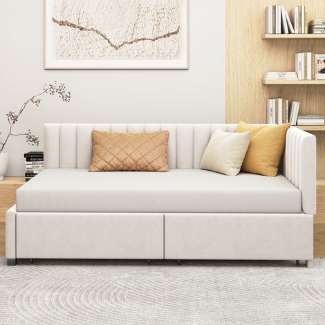 Lit canapé-lit capitonné 90 x 200 cm avec tiroirs de rangement, sommier à lattes, velours doux beige – convertible salon chambre (1/4)