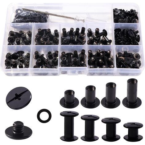 100 Set M5 x 5/8/10/12 mm Chicago Vis Assortiment Kit, 4 Tailles Kit de Rivets pour Cuir Cruciforme avec Tournevis, pour DIY, Décoration de Cuir, Réparation de Reliure, Noir Pistolet (1/5)