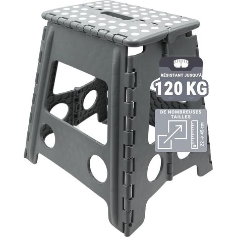 Tabouret-Pliable - Tabouret-Pliant pour Enfants et Adultes jusqu'à 120 kg - Revêtement-antidérapant - Poignée-de-Transport - Ultra-léger - Hauteur-39 cm - Plastique - Gris (1/4)