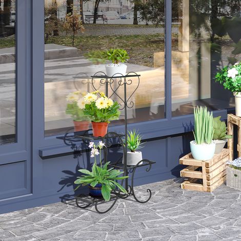 Support à fleurs en métal. étagère à plantes à 4 niveaux. échelle à fleurs. support à fleurs pour l'intérieur et l'extérieur. jardin. balcon. noir. 45 x 24.5 x 80 cm