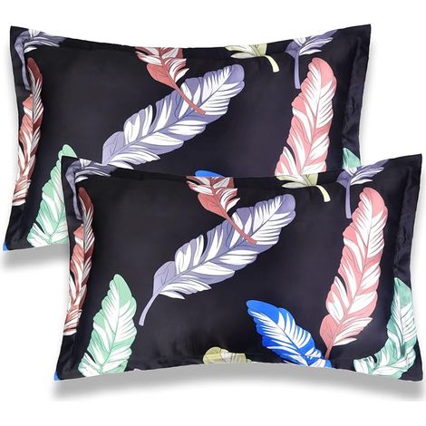 Lot de 2 taies d'oreiller en satin de soie pour les cheveux et la peau, pour grand lit (50 x 76 cm) de taille standard de luxe motif feuille douce et élégante (black)