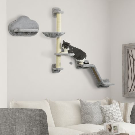 3-teiliges Katzenkletterwand-Set mit Hängematte, Rampe, Kratzbaum und wolkenförmiger Plattform (Grau)