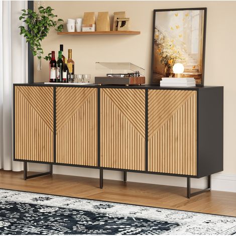 Wohnzimmer-Sideboard (160x40x75 cm), 4 Türen, gestreifte Fronten, Spanplatte, Naturholz und Schwarz (1/5)