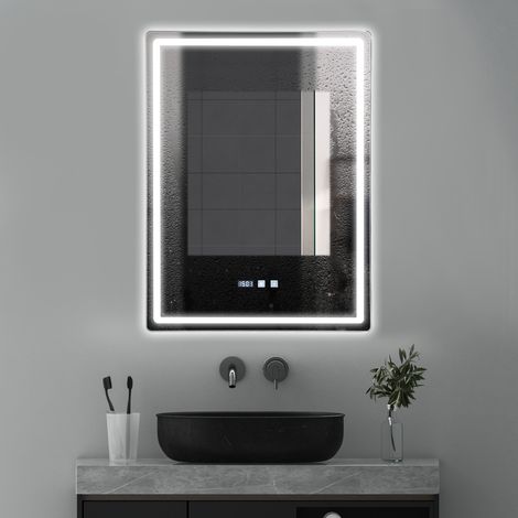 Miroir de salle de bain LED intelligent avec anti-buée, 3 couleurs réglables, miroir de courtoisie intelligent anti-buée mural avec éclairage, affichage de l'heure et de la température (500 x 700 mm) (1/5)