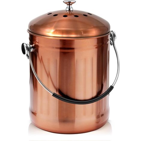 Poubelle à compost pour comptoir de cuisine, seau à compost en acier inoxydable cuivre mat de 5,8 l avec couvercle, seau à déchets alimentaires inodore avec 2 filtres à charbon, seau à compost (1/5)