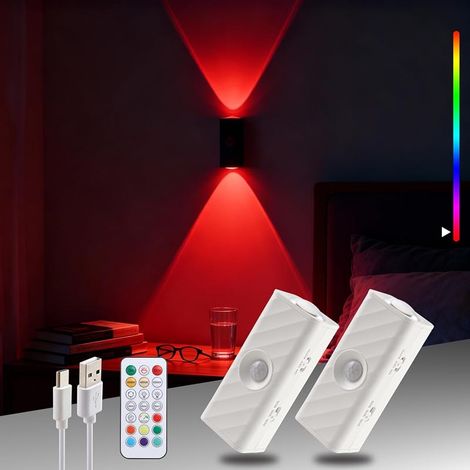 Applique murale RVB intérieure avec détecteur de mouvement, batterie, Up Down, réglable (10 couleurs, 3 minuteurs), 1000 mAh, USB-C, LED sans fil magnétique sans perçage pour couloir, escalier (1/5)