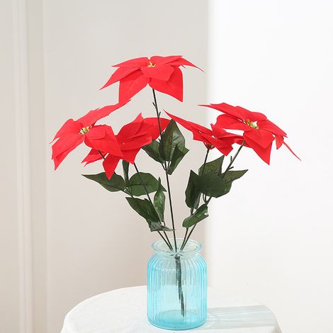 Poinsettias artificiels, fleurs de poinsettia artificielles, 5 têtes de poinsettias rouges en soie pour la décoration de Noël à la maison ou au bureau-AquaForge (1/5)