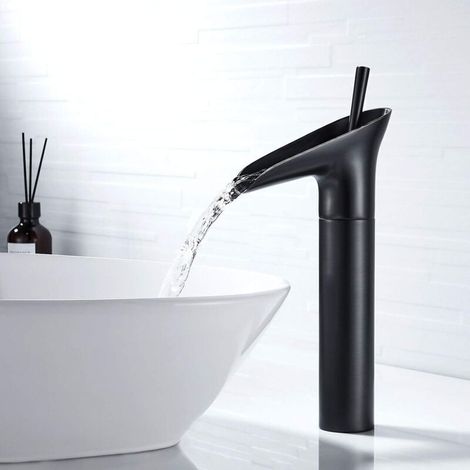 Ineasicer schwarze Badarmatur, Wasserfall-Badarmatur, Retro-Einhebel-Waschtischmischer in Schwarz, Aufsatz-Waschtischarmatur aus Messing, Handwaschtischarmatur (1/4)