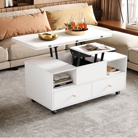 Tavolino rialzabile in MDF 100x50x47,5 cm con funzione pieghevole, 4 cassetti e ruote universali, bianco (1/5)