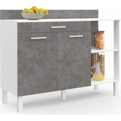 Idmarket – Buffet bas de cuisine 120 cm – Plan de travail H.83 cm – 2 portes + tiroir blanc effet béton – Rangement optimisé avec étagères ajustables