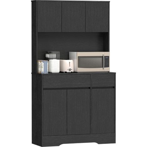Buffet de cuisine avec plan de travail, 6 portes, grand meuble de rangement haut avec étagères, couleur noir