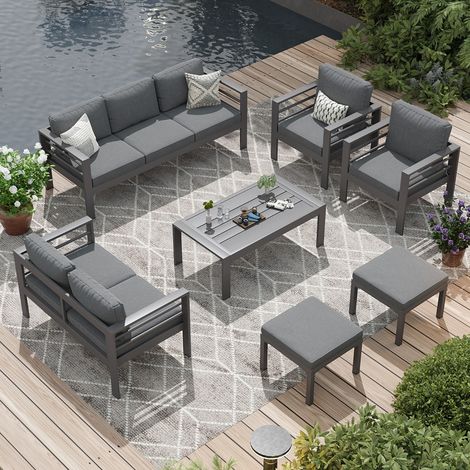 YODOLLA Aluminium Gartenmöbel Set 7-teilig, Modernes Terrassenset mit Couchtisch, Schwarz