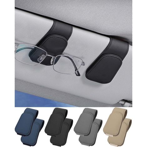 (Schwarz) 2-teiliger Brillenhalter für die Sonnenblende im Auto, Brillenhalterclip aus Leder für Sonnenbrillen