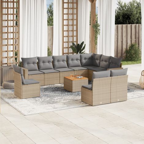 11-tlg. Garten-Sofagarnitur mit Kissen Beige Poly Rattan (1/3)