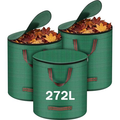 Lot de 3 Sacs à Déchets de Jardin, 272L Sacs de Jardin Réutilisables avec Couvercle et Poignées, Résistants et Pliables Sac Dechets Verts pour Feuilles, Pelouse, Déchets Verts, Tailles de Haies (1/5)