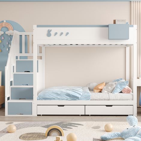 Kinder-Etagenbett 90 x 200 cm mit 2 Schubladen und Aufstiegstreppe mit Stauraum, Lattenrost, abnehmbarem Ablageregal, Weiß + Blau (1/5)