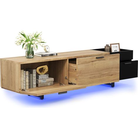 Mueble TV con 4 Cajones y 2 Nichos Abiertos y LED, de Madera de Ingeniería, Negro, para Salón, 180×38×49 cm (1/5)