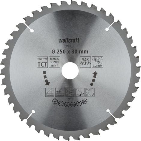 wolfcraft I Tischkreissägeblatt HM, Serie lila neu I 6583000 I Ø 250 mm, 42 Zähne, feine, saubere SchnitteI Sägeblatt I Kreissägeblatt