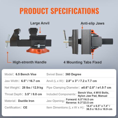 Mophorn Schraubstock 6,5“ Backenbreite, 360-Grad schwenkbare Verriegelung Basis Mehrzweck-Werkbank mit Amboss, Heavy Duty Duktil-Eisen, für Bohren, Rohrschneiden