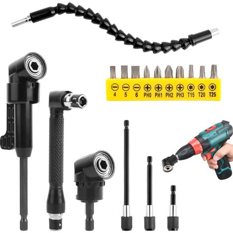 17 Pièces Renvoi D'angle Visseuse Kit, 105° Renvoi D'angle Perceuse avec Clé en L, 3 Tige Hexagonale et Rallonge Porte-Embout Flexible, Rallonge Visseuse pour Ouvriers du Bâtiment (1/5)