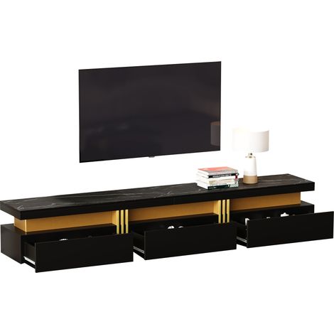 Mobile TV con 3 Cassetti e Passacavi, Effetto Marmo, Stile Moderno, Soggiorno, 200×40×42 cm, Nero (1/5)