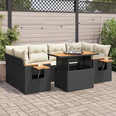 Set sofás jardín y cojines 7 pzas ratán sintético acacia negro vidaXL
