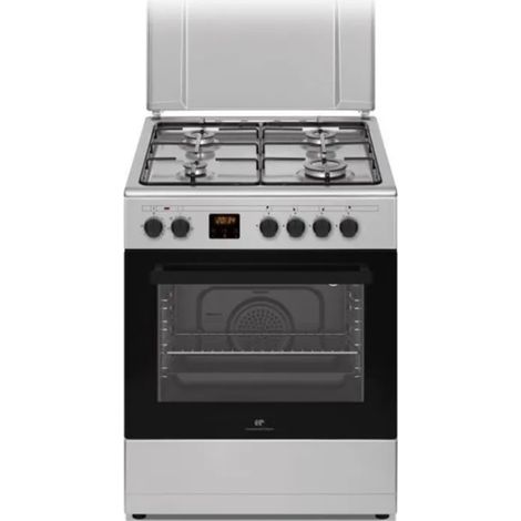 Continental Edison – Cuisinière gaz 4 foyers – Four électrique chaleur tournante 60L – Nettoyage catalyse – L59,8 x P61 x H83cm – Silver