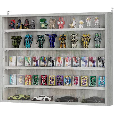 Vitrine murale pour objets de collection 5 étagère réglables en hauteur et 2 portes coulissantes 80 x 9,5 x 60 cm gris (1/5)