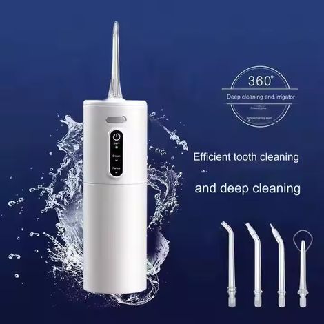 Hydropulseur dentaire électrique, sans fil, portable, réservoir d'eau de 280 ml pour les voyages et le nettoyage interdentaire, avec 5 embouts de pulvérisation et 3 réglages (blanc) (1/5)