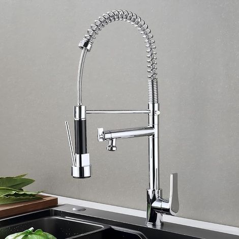 Robinet de cuisine pivotant à 360° Robinet de cuisine à double fonction en acier inoxydable avec ressort Robinet mitigeur de cuisine à haute pression et à ressort pour évier (chromé) (1/5)