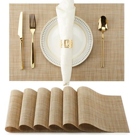 Set di 8 tovagliette intrecciate, lavabili (30 x 45 cm), termoisolanti e antiscivolo, per cucina o tavolo da pranzo, mix oro e marrone caffè. (1/5)