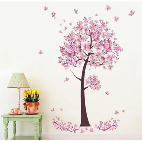 CZ Stickers muraux Pêcher Arbre et Papillons Roses 3D Bande Dessinée Art Murales Enfants Nursery Home Decor Decoration Mural Cadeau (1/4)