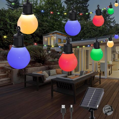 Guirlande Solaire Extérieur avec G40 Blanche Ampoules, 【Charge USB】, 10M 25 LEDs Guirlande Lumineuse Solaire 8 Modes, Etanche, Décoration pour Jardin, terrasse, Balcon (Multicolore (1/5)